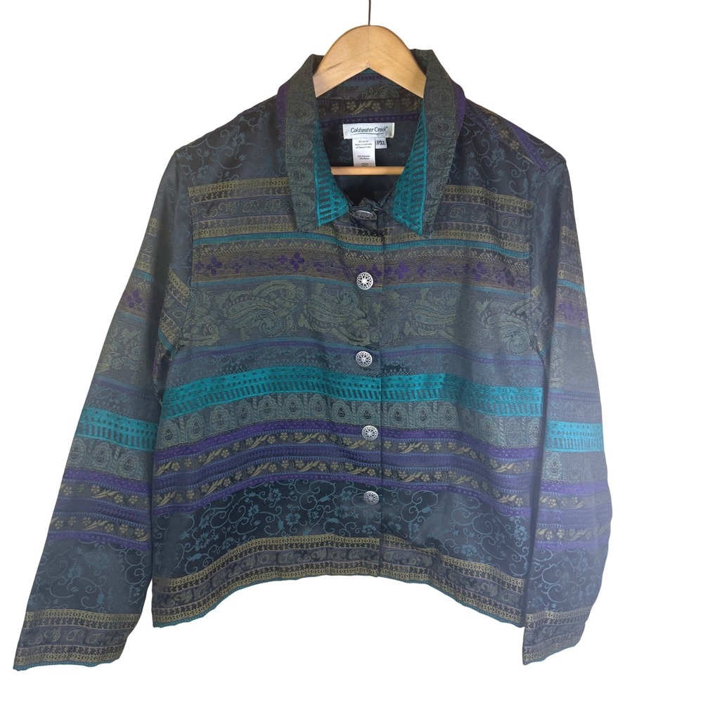 Coldwater Creek PXL Womens Tapestry Button Front‎ Jacket Teal Purple Paisley